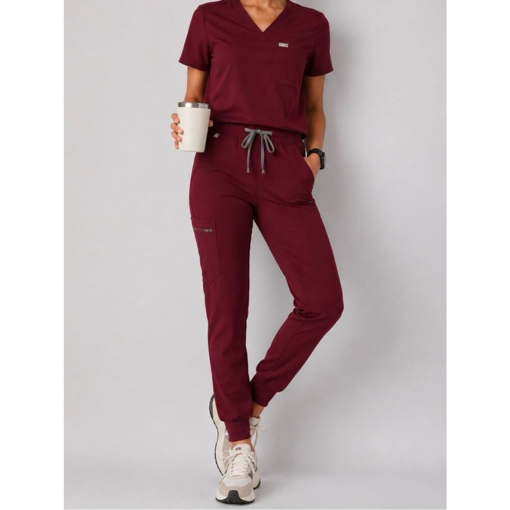 FIGS Zamora Jogger Scrub Pants Women’s Small Petite Burgundy Medical Nurse